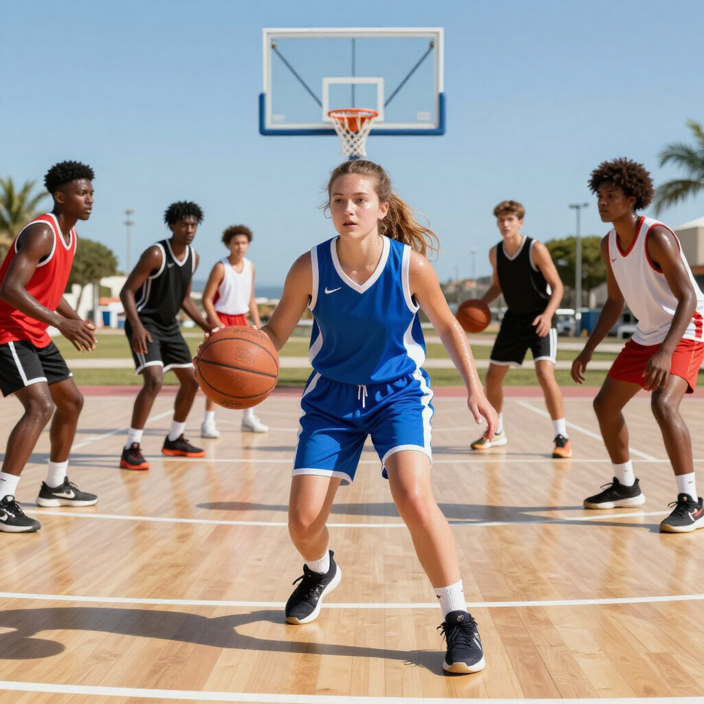 Basketball players on an outdoor court, with a blue-uniform player dribbling toward the hoop.
