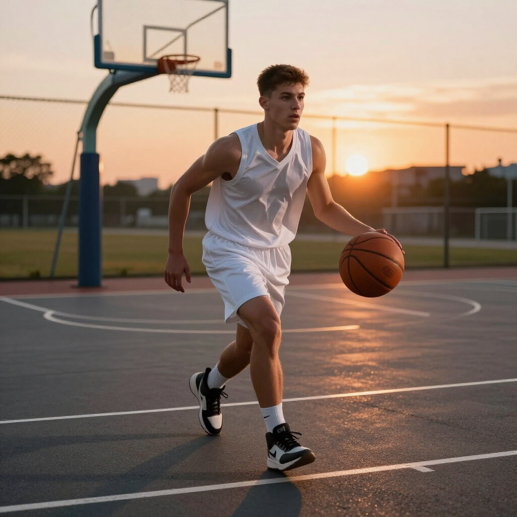 Basketball player dribbling on an outdoor court at sunset