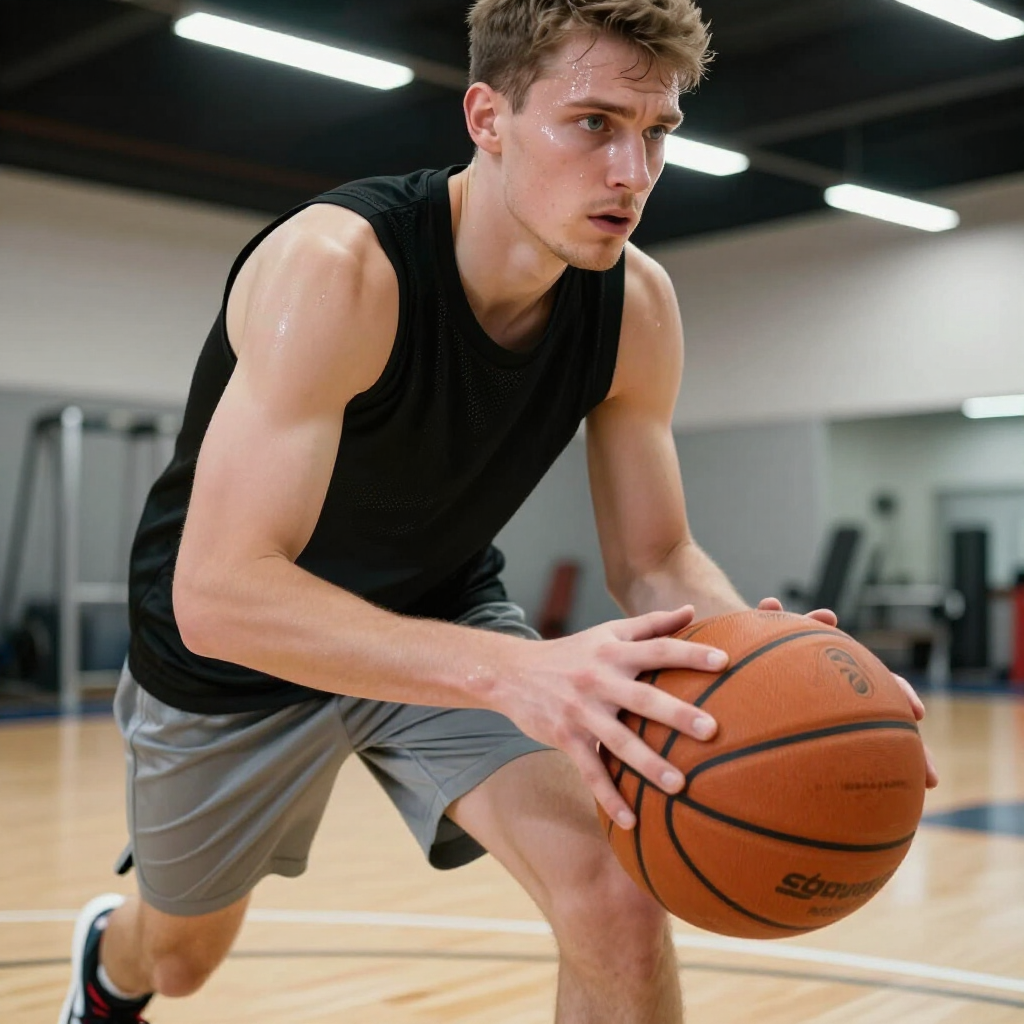 Basketball player in a black tank top dribbling on an indoor court