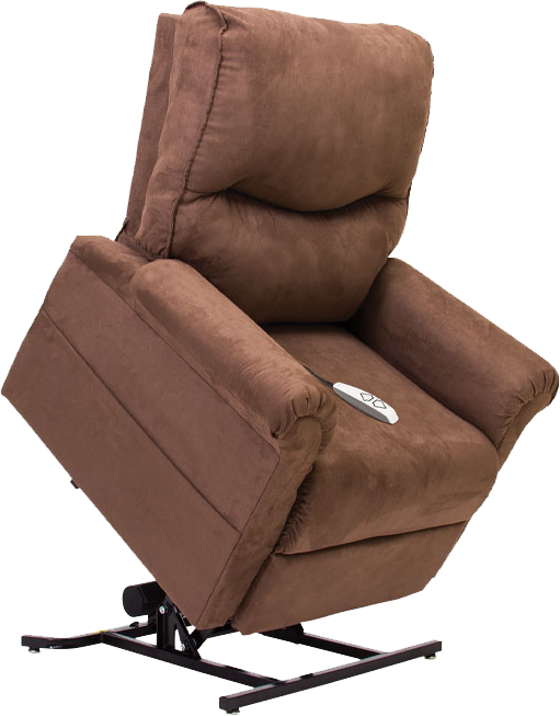 Brown lift recliner chair, raised at an angle, with a remote control visible.