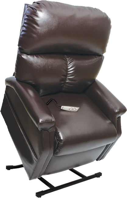 Brown leather lift recliner chair with remote control, on black metal base.