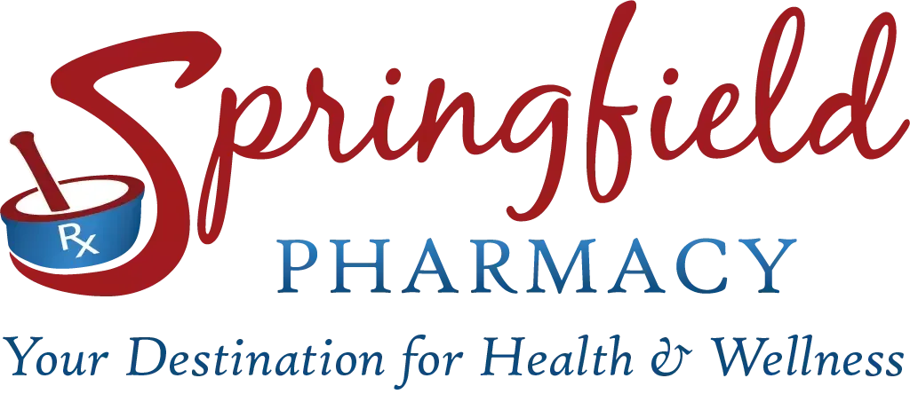 Logo for Springfield Pharmacy. Red script "Springfield", blue mortar & pestle, blue "PHARMACY", and text "Your Destination for Health & Wellness".