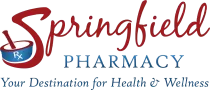 Logo for Springfield Pharmacy. Red script "Springfield", blue mortar & pestle, blue "PHARMACY", and text "Your Destination for Health & Wellness".