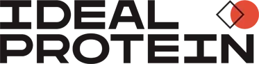 The logo for ideal protein is black and white with a red diamond in the middle.