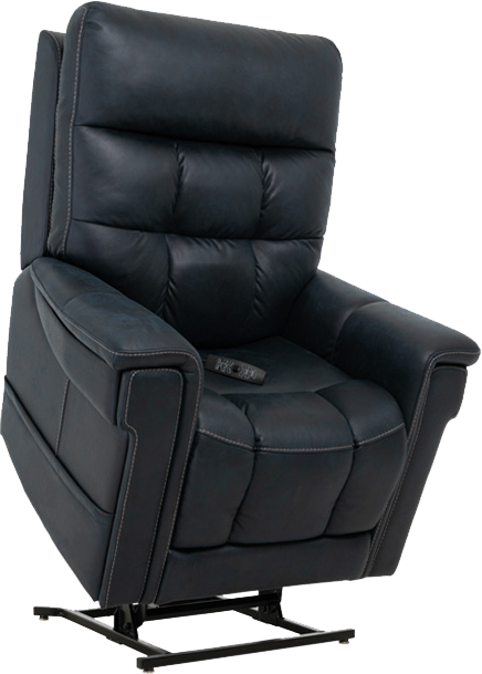 Black leather lift recliner chair with remote.