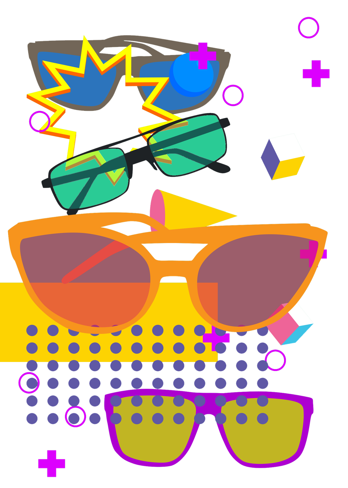 Collage di occhiali da sole retrò con lenti colorate e forme geometriche astratte su sfondo bianco.