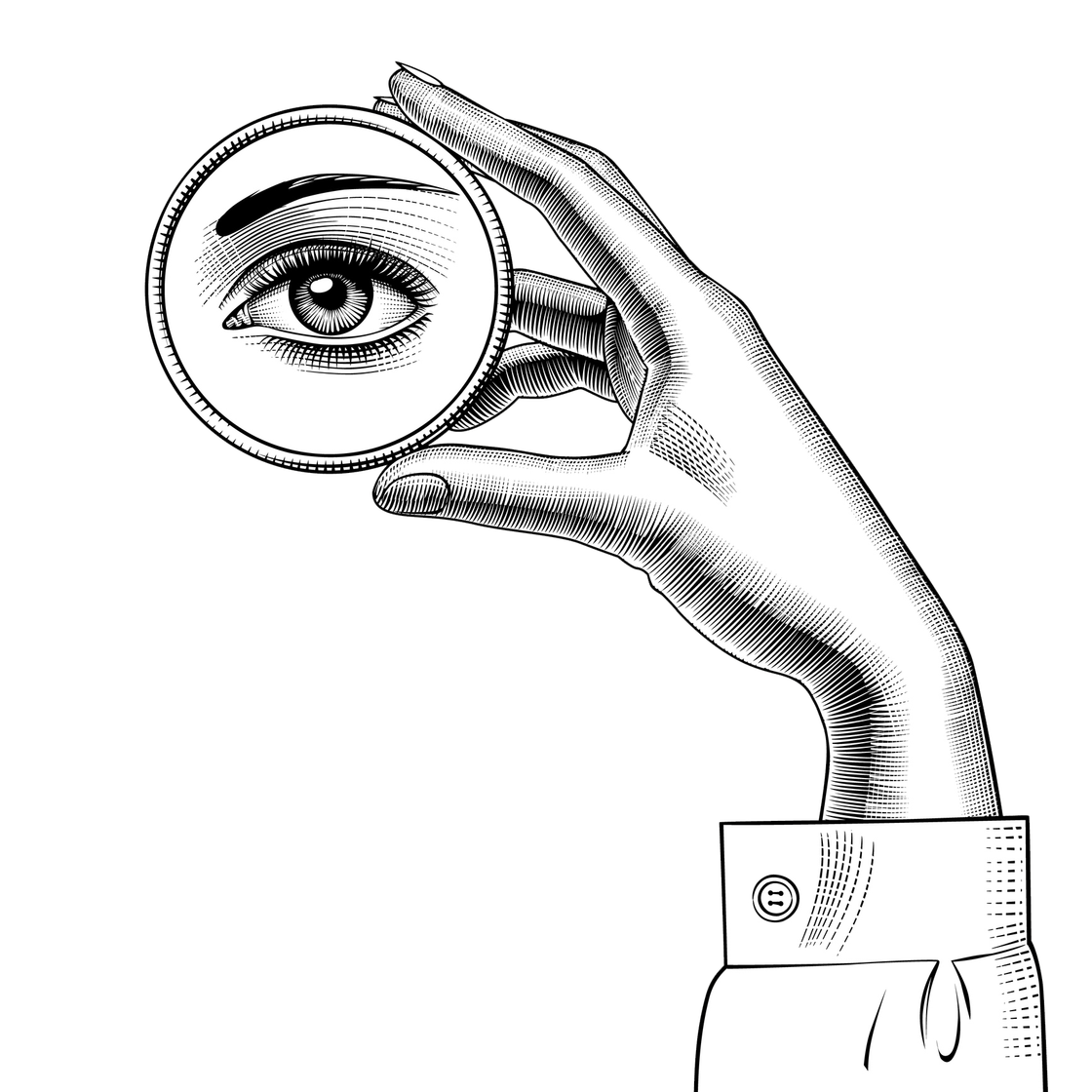 Una mano che tiene una lente d'ingrandimento sopra un occhio, a indicare un'attenta ispezione.