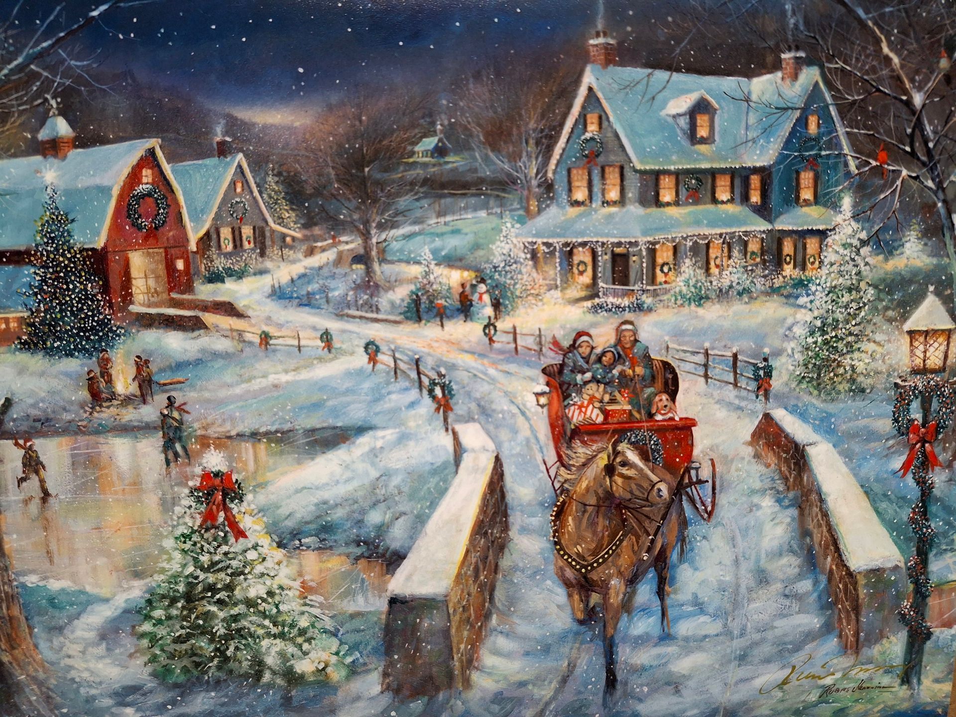 A painting of a family in a horse drawn carriage, people ice skating in a snowy wonderland.