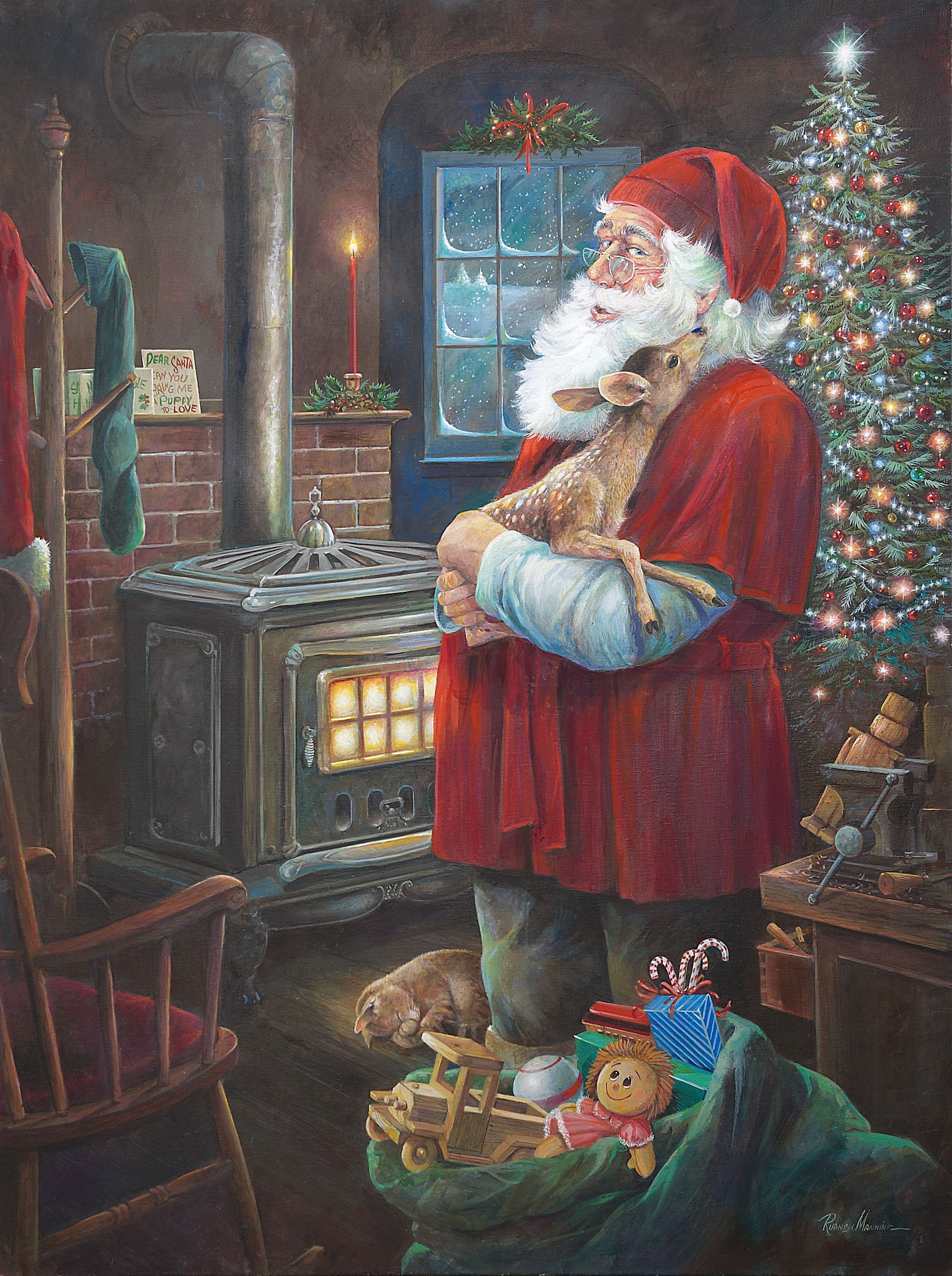 A painting of Santa holding a fawn in his workshop