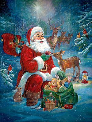 A painting of Santa in the snowy woods with forrest creatures - deer, bunnies and cardinals