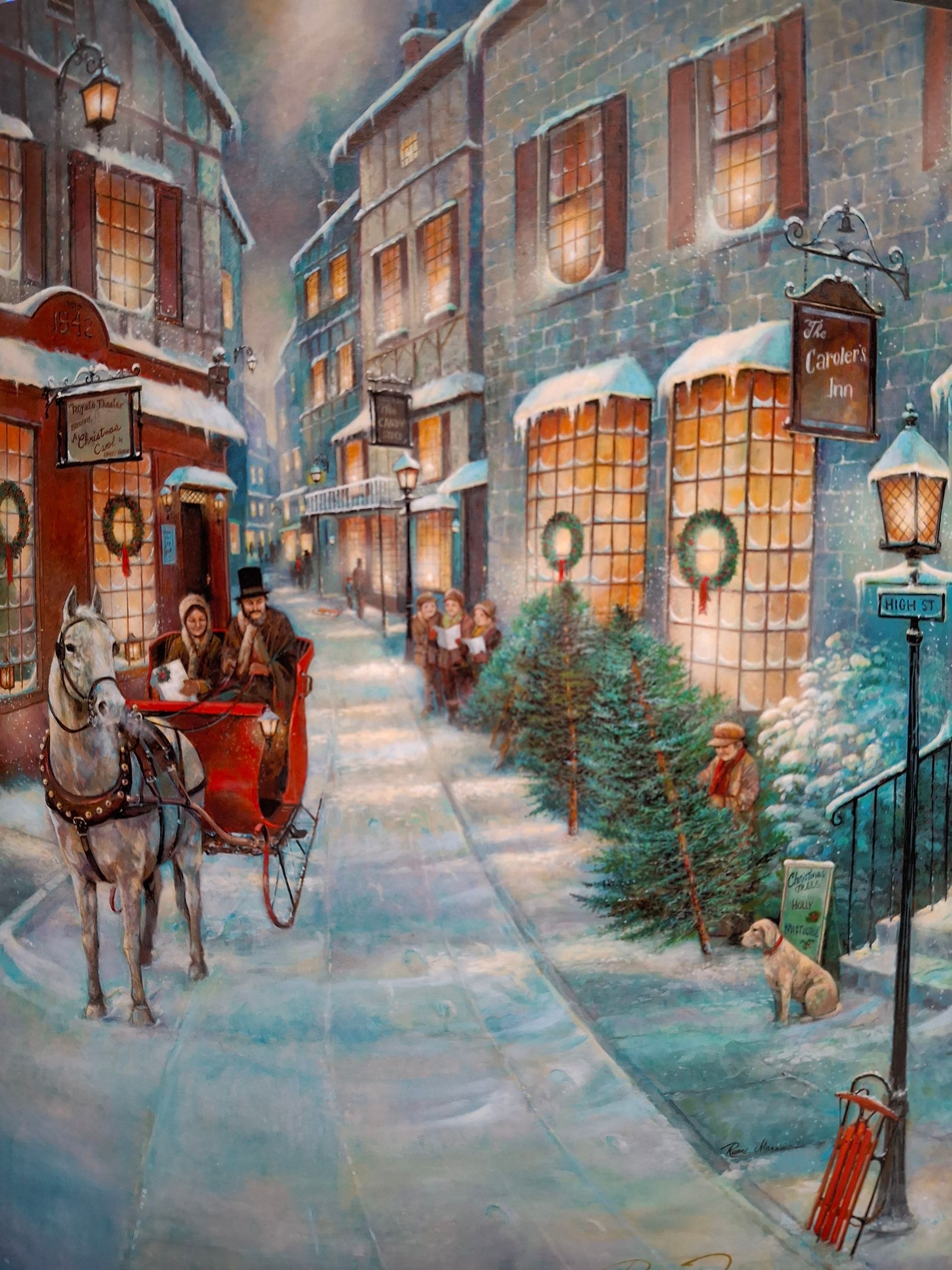 A painting of a horse drawn carriage riding through a snowy street with Christmas decorations and trees
