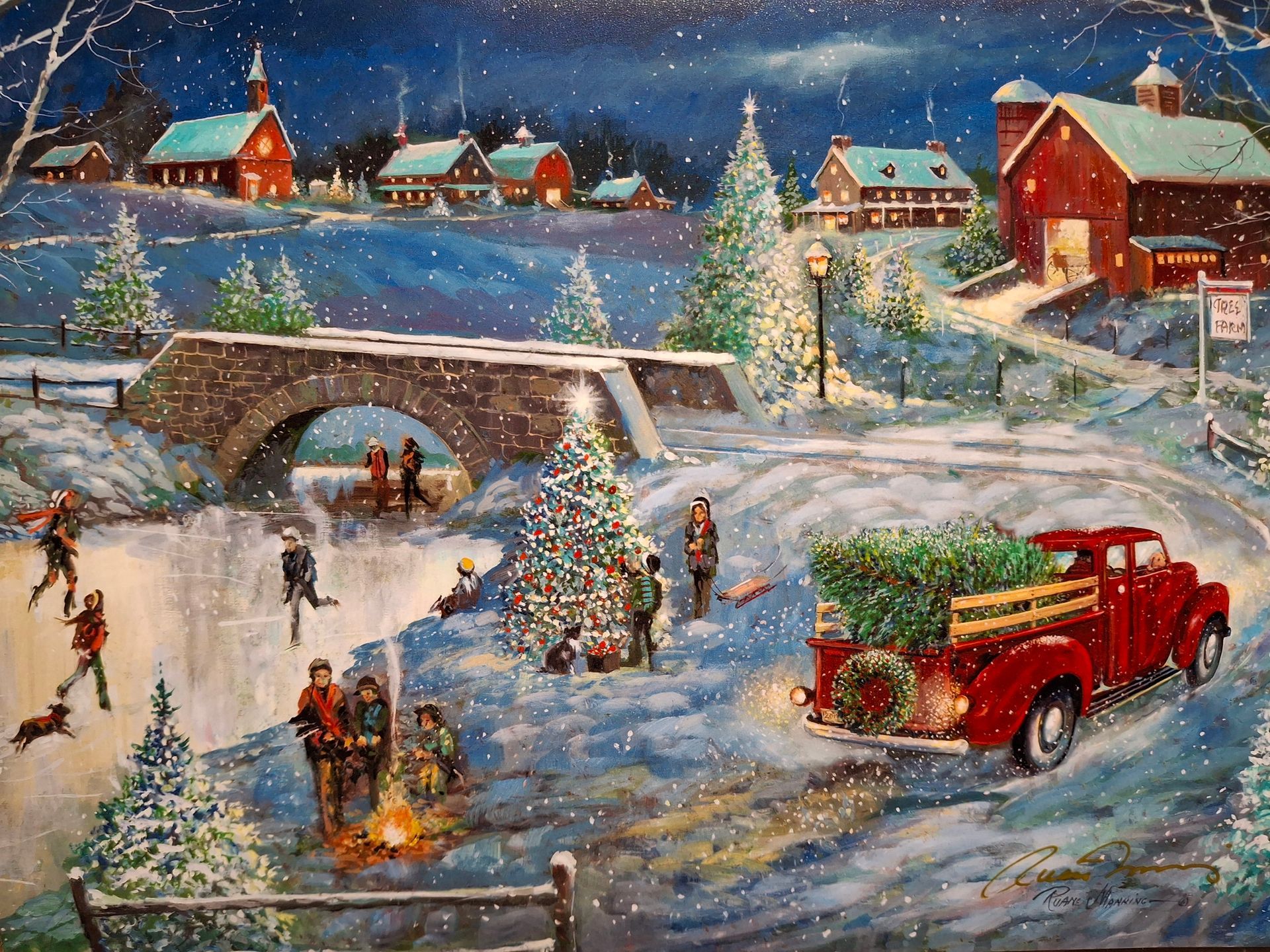 A painting of all things christmas, ice skating, tree decoating, campfire, snow