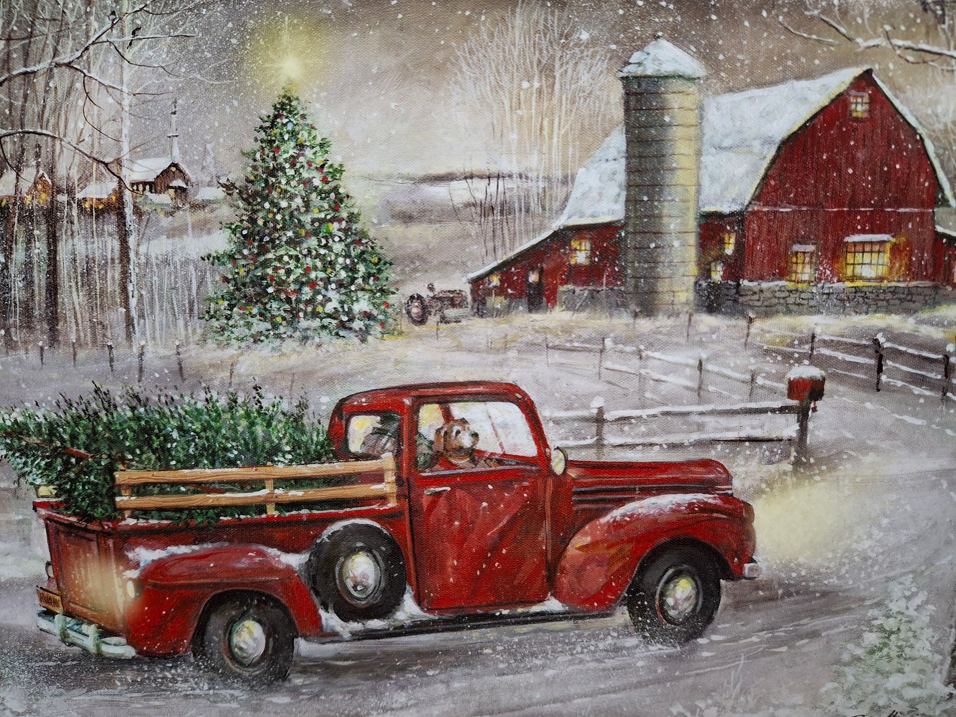 A painting of a classic red truck with a dog in the passenger seat and a christmas tree loaded in the bed