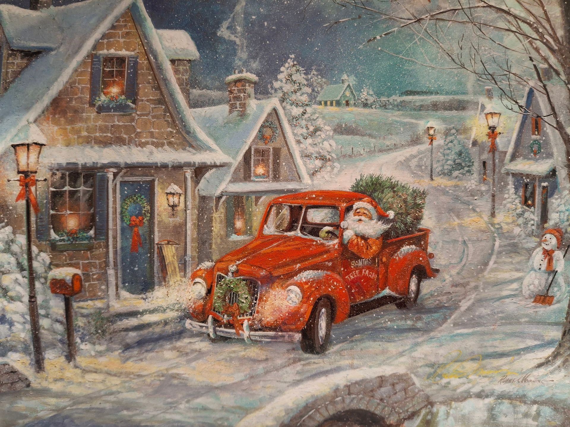 A painting of Santa driving a classic red truck