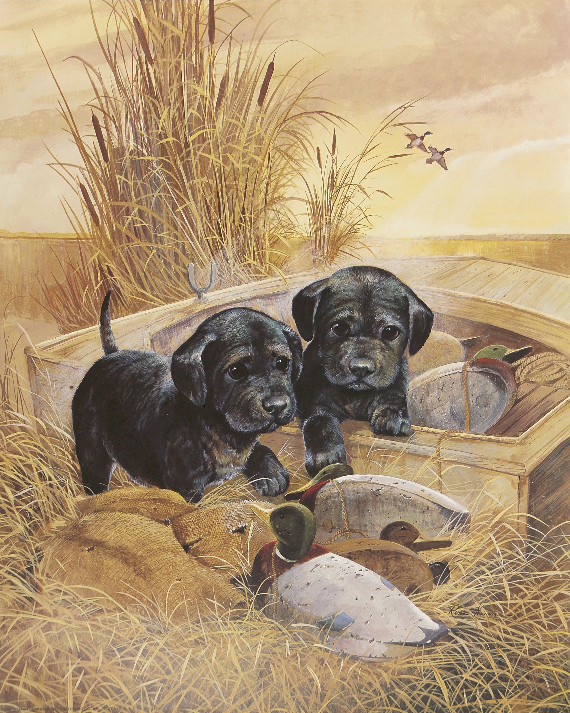 A painting of 2 black lab puppies with a decoy.