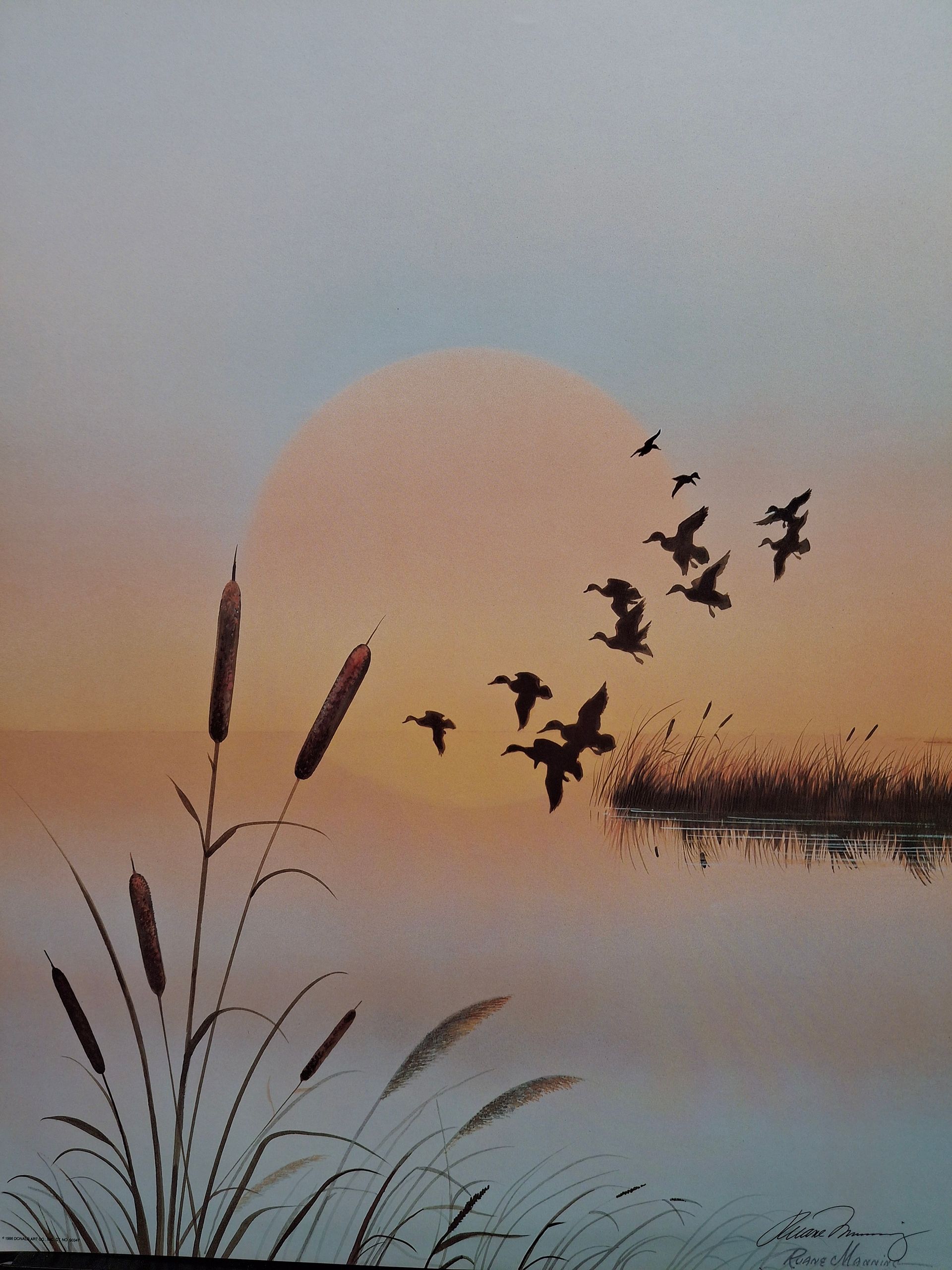 A painting of ducks in the sunset