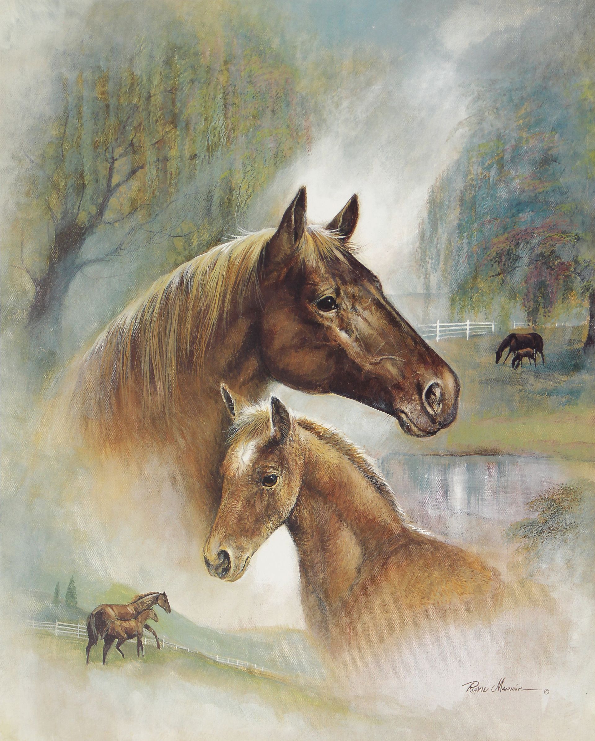 A painting of thoroughbred horse and foul