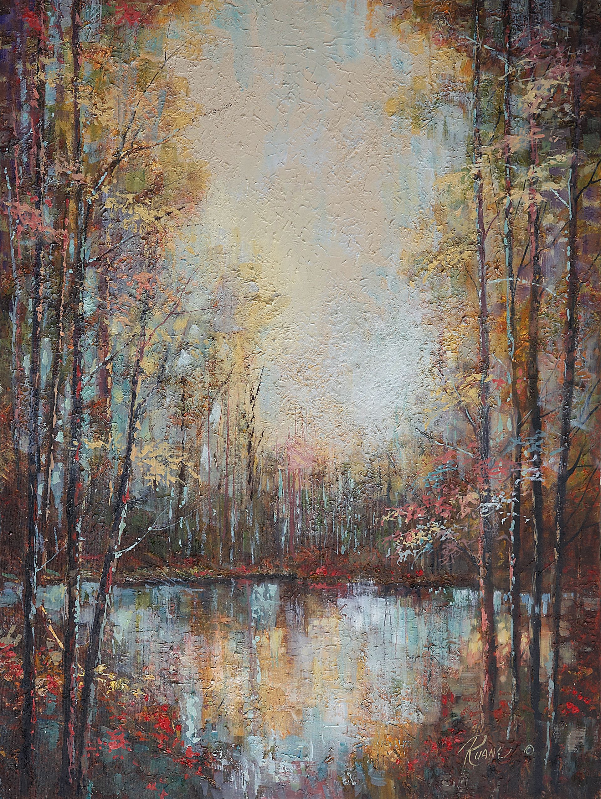 A painting of woods in Autumn