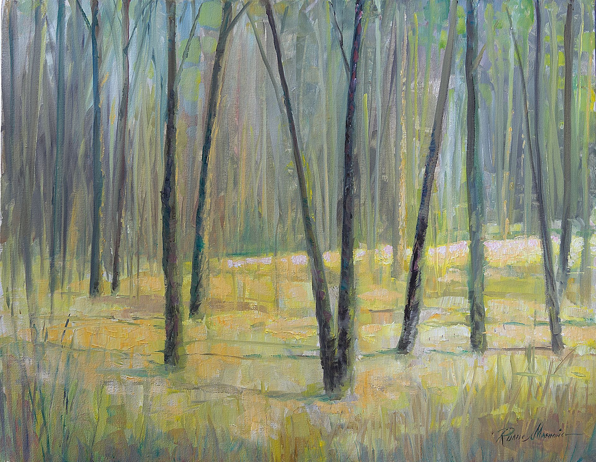 A painting of trees in a meadow