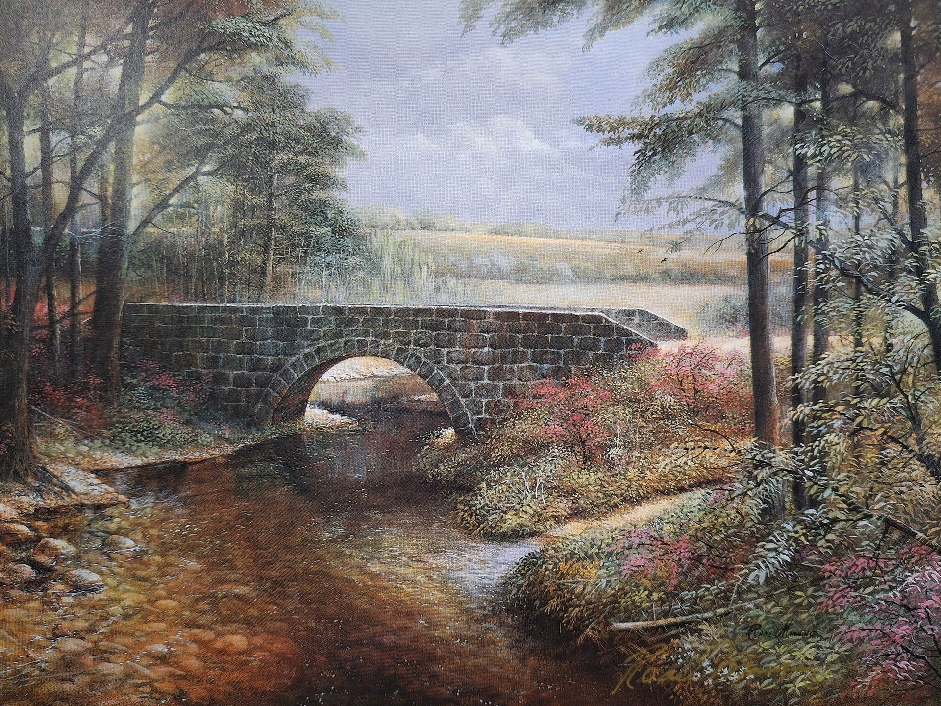 A painting of a stone bridge in a meadow