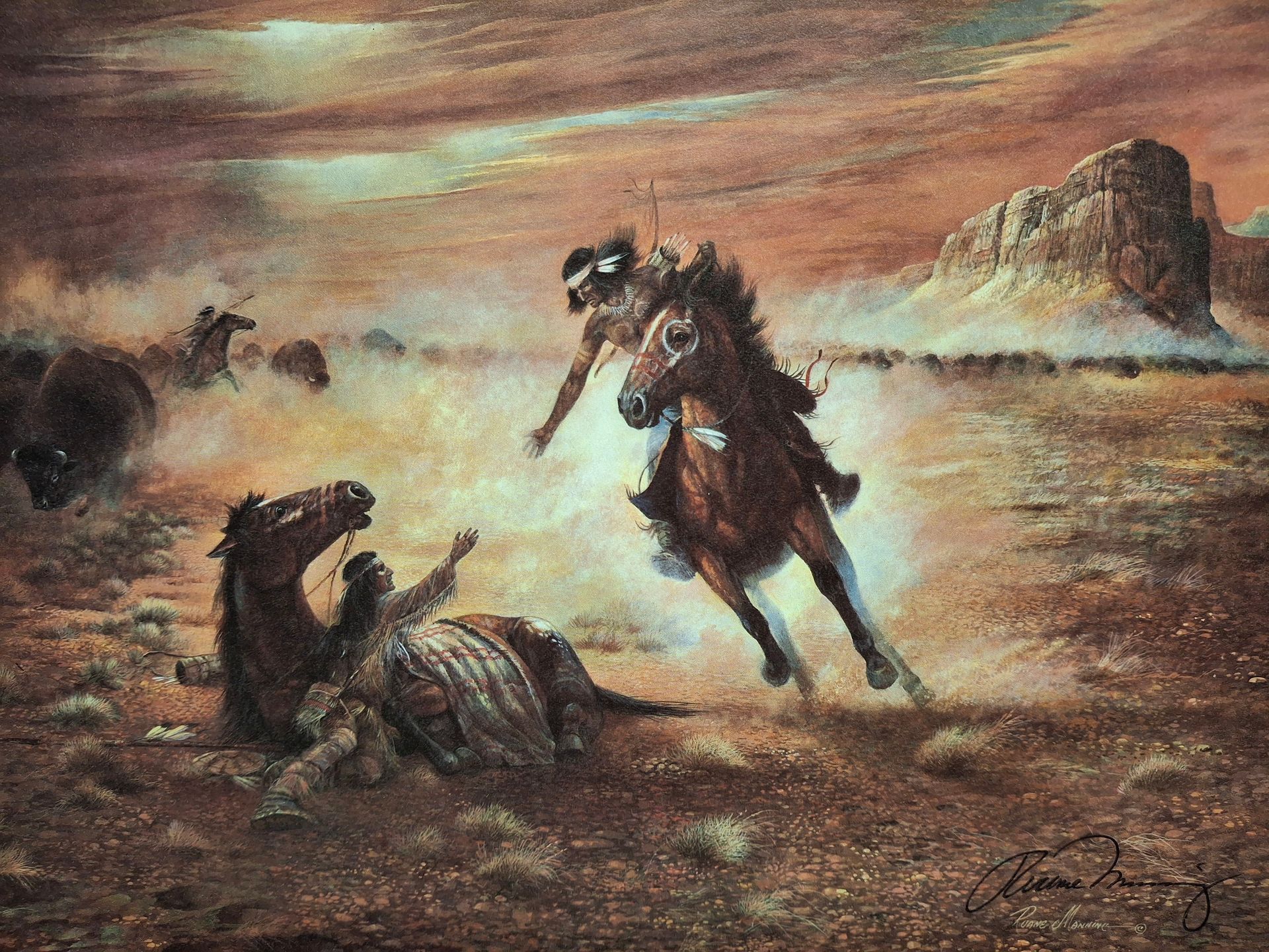 A painting of a native american reaching down to hlep his friend