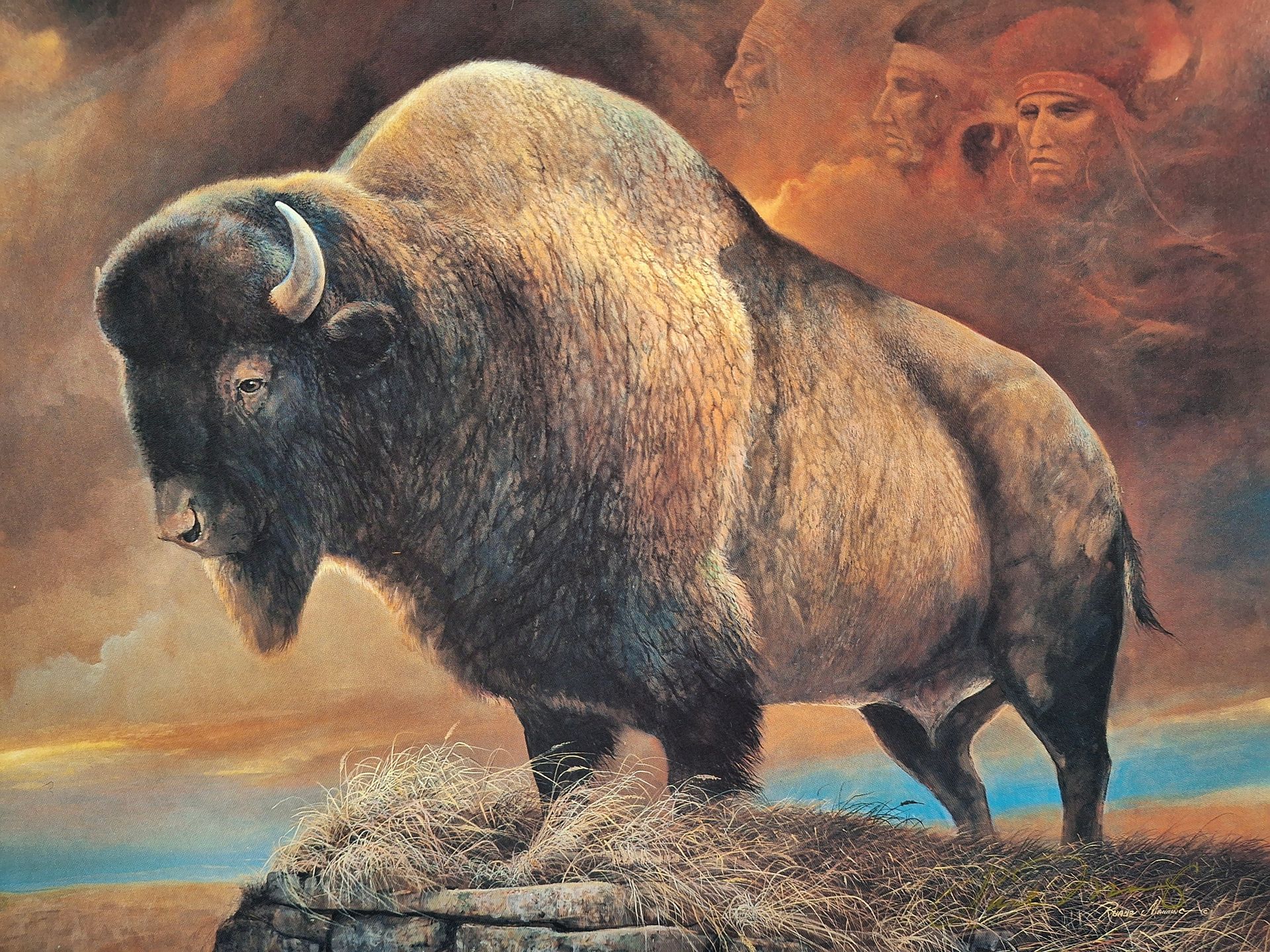 A painting of a buffalo looking over a mountaintop
