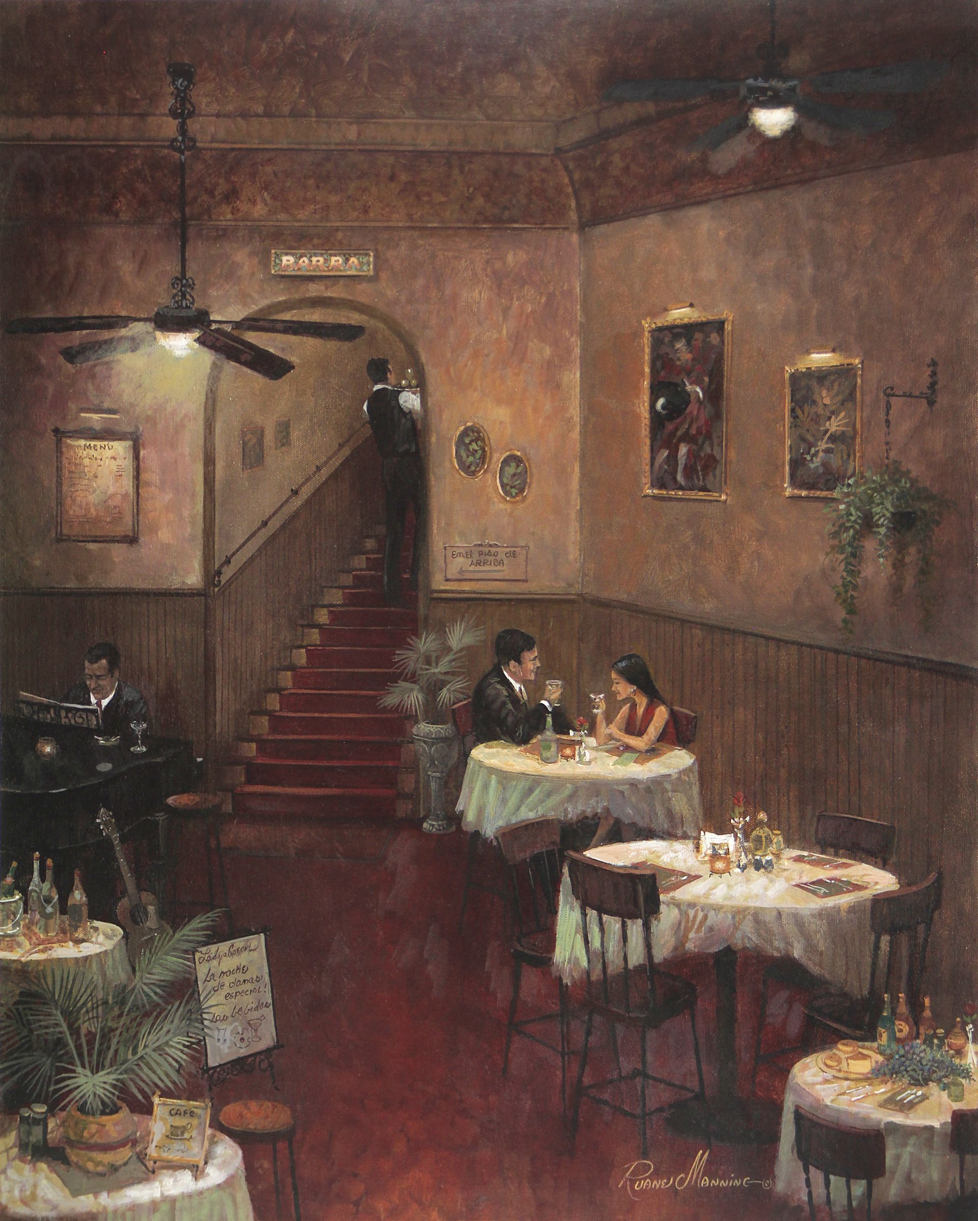 A painting of a couple in a new york cafe