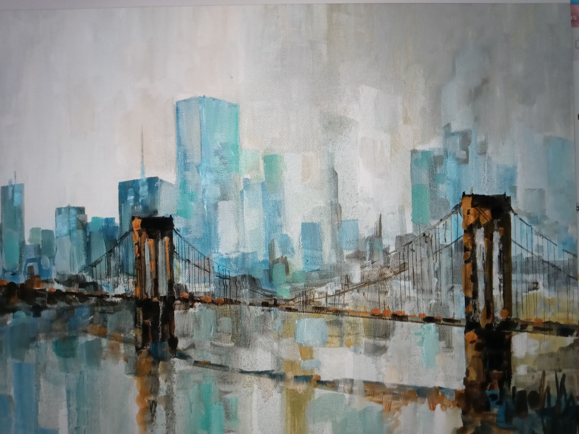 A painting of the Brooklyn Bridge.