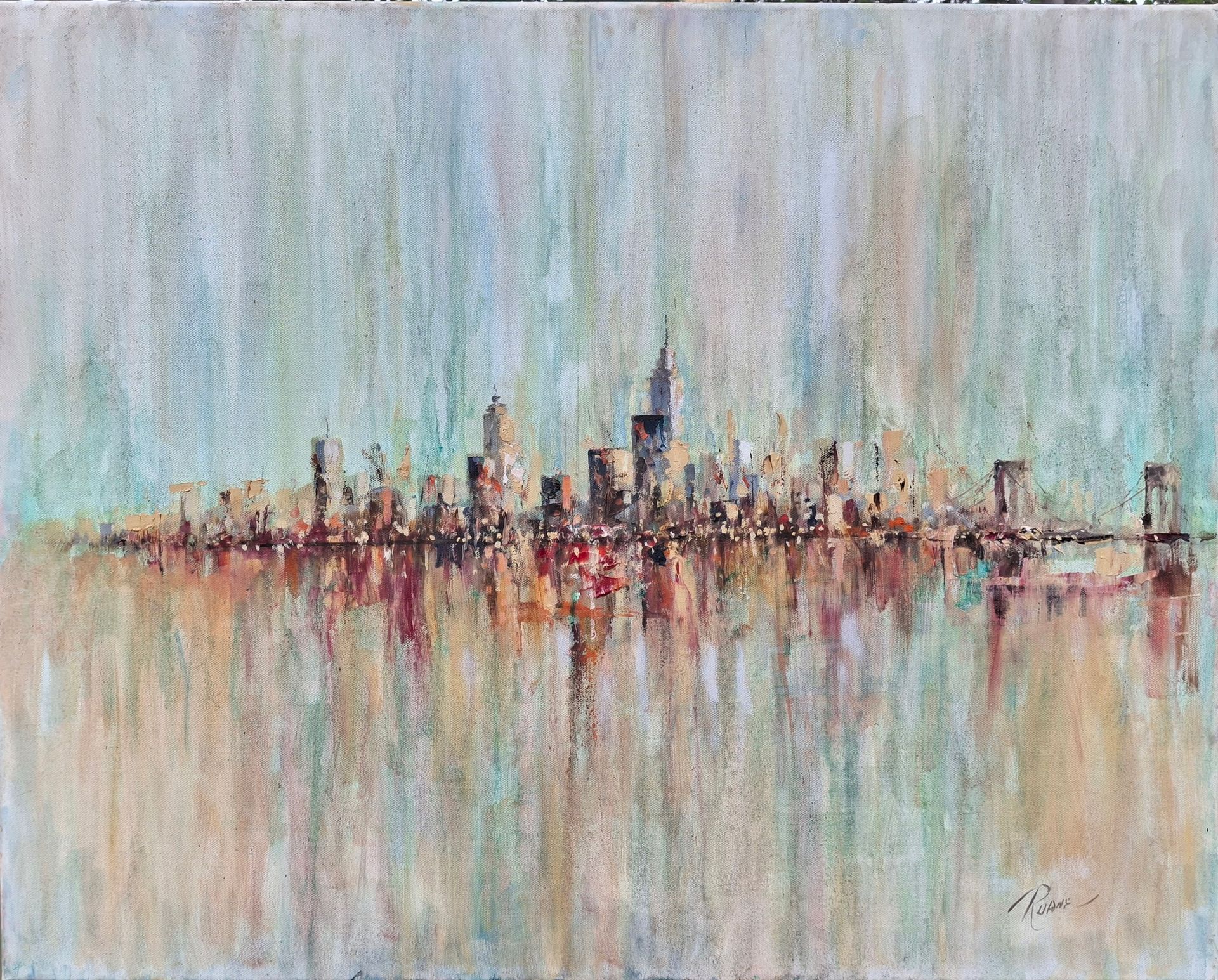 A painting of the New York Skyline reflected in the water.