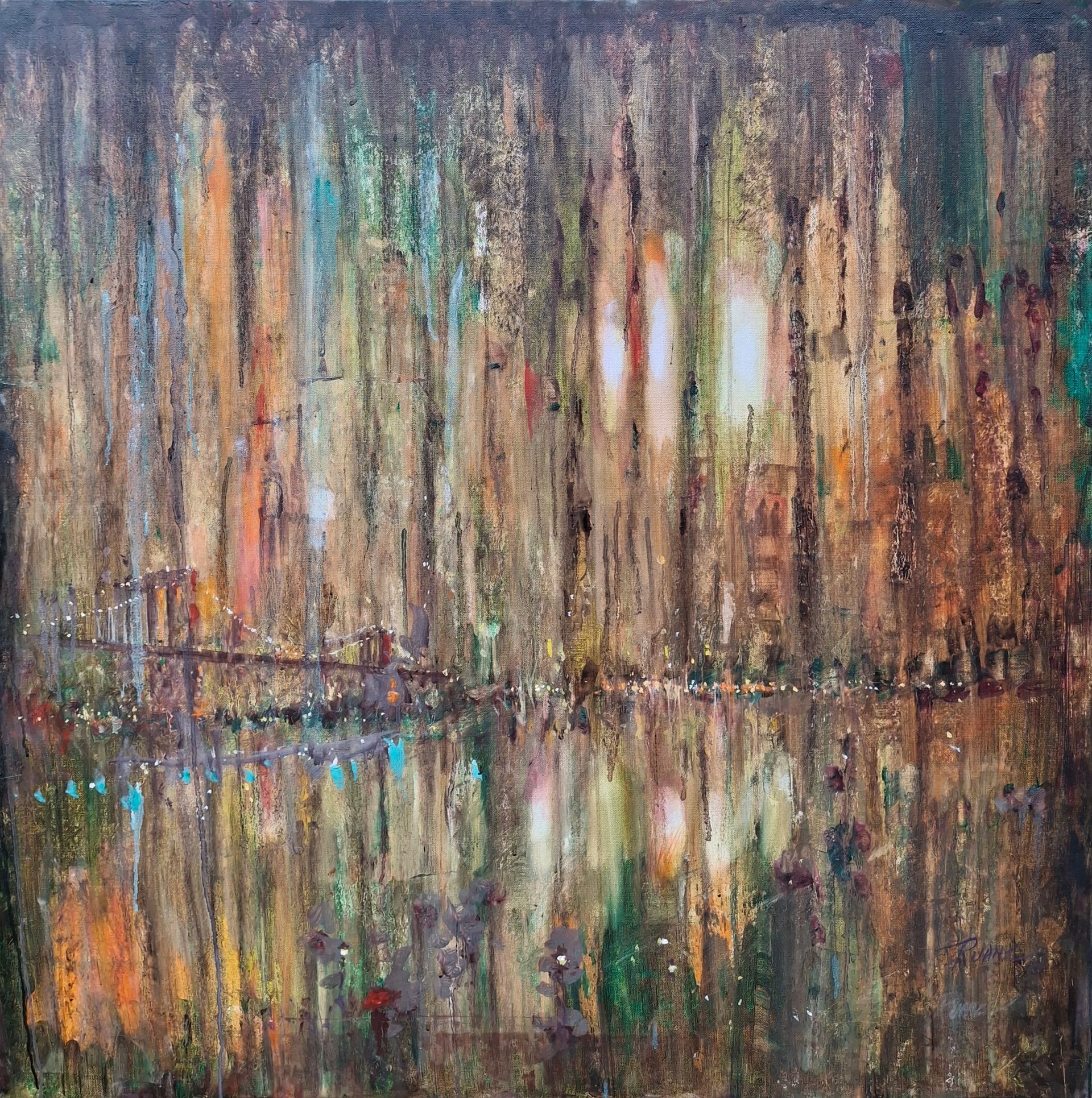 An abstract painting of New York skyline.