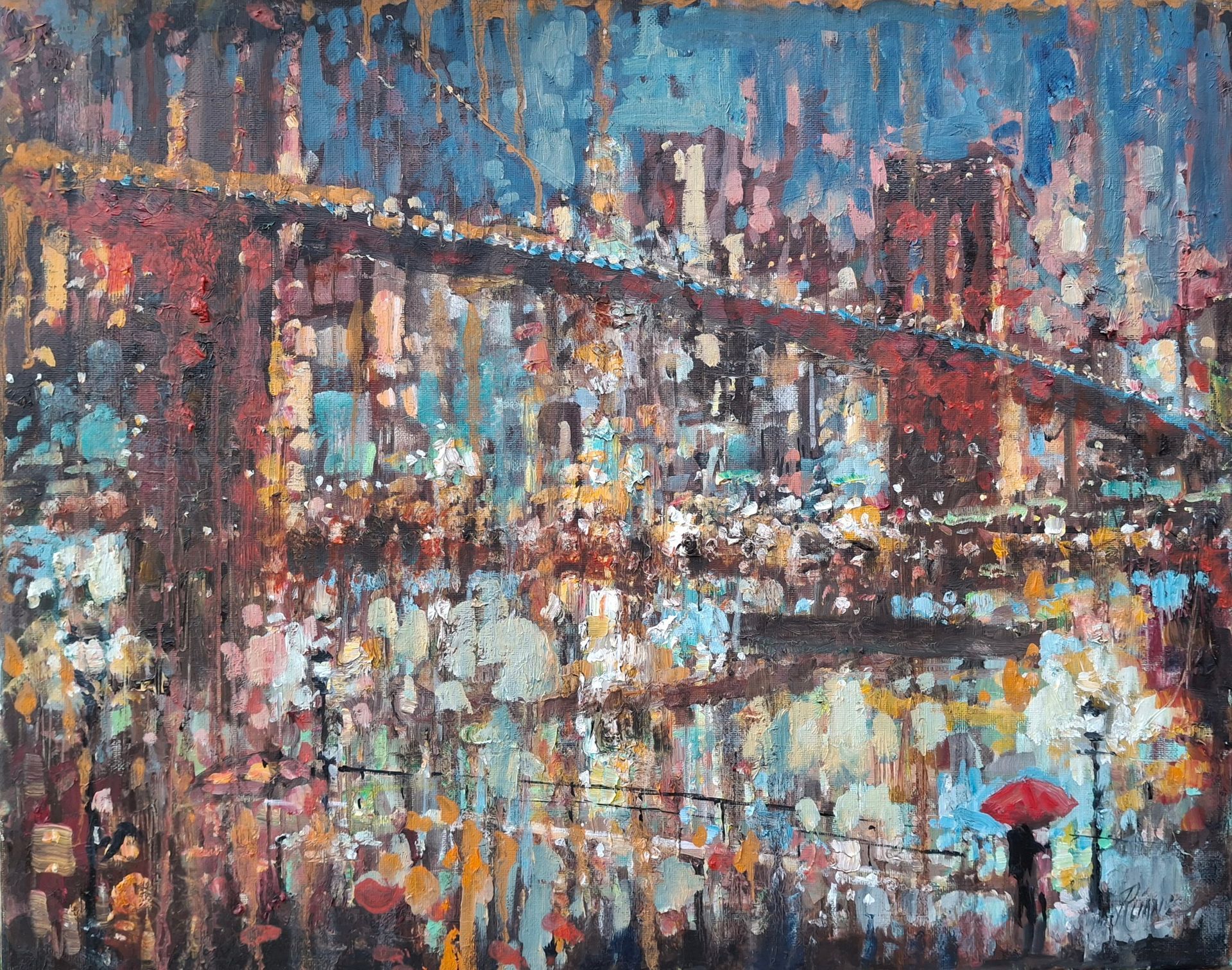 An abstract painting of the Brooklyn Bridge.
