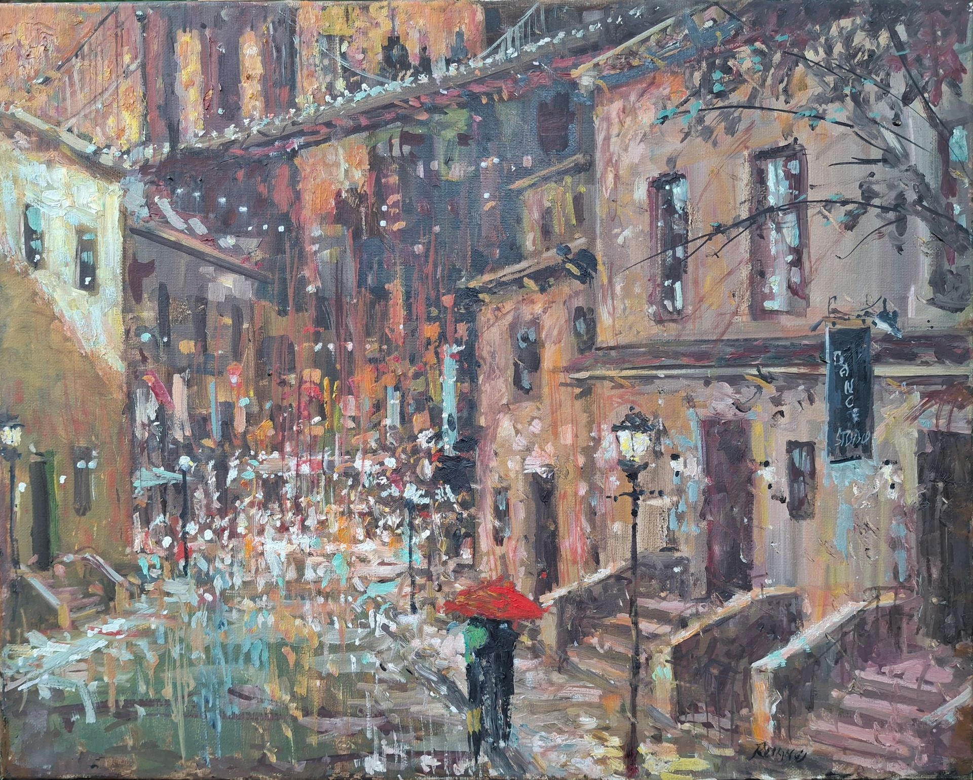 A painting of a couple with a red umbrella embracing outside of a brownstone building.
