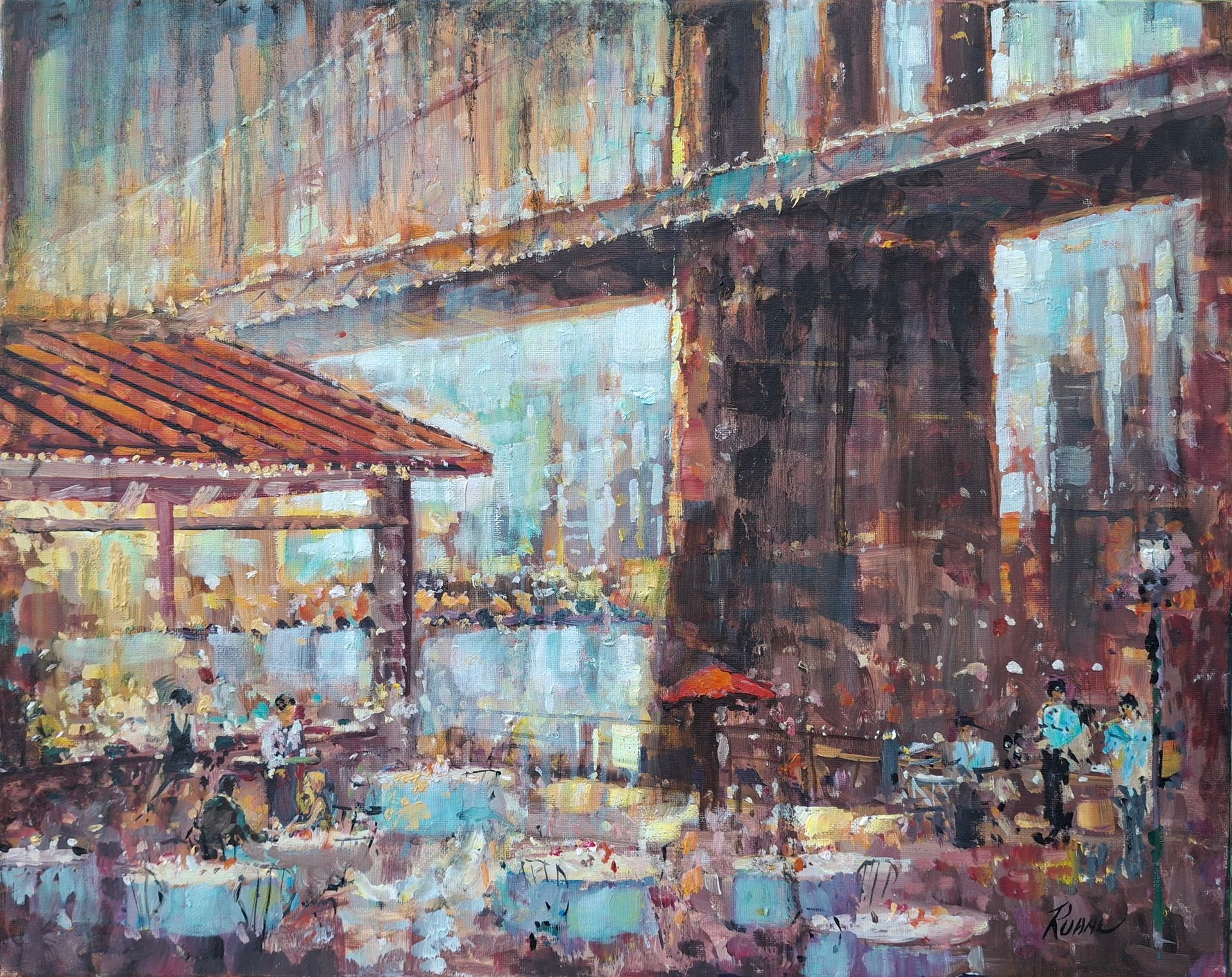 A painting of a restaurant on the waterline under the Brooklyn Bridge.
