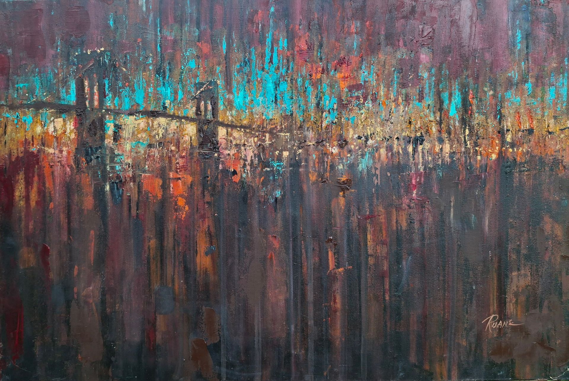 An abstract painting of the Brooklyn Bridge.