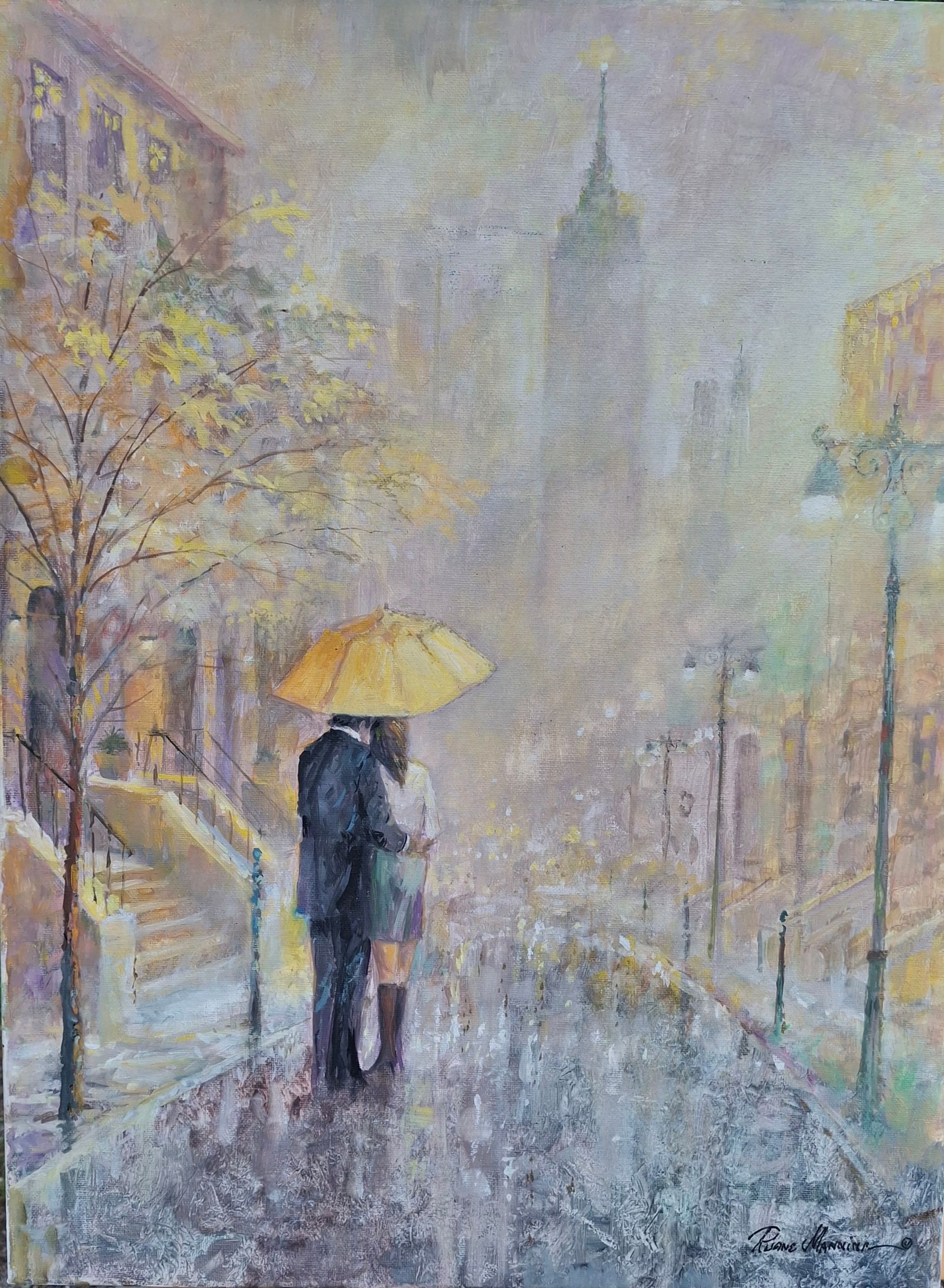 A painting of a roamntic couple with a yellow umbrella with the Empire State Building in the bacjground.