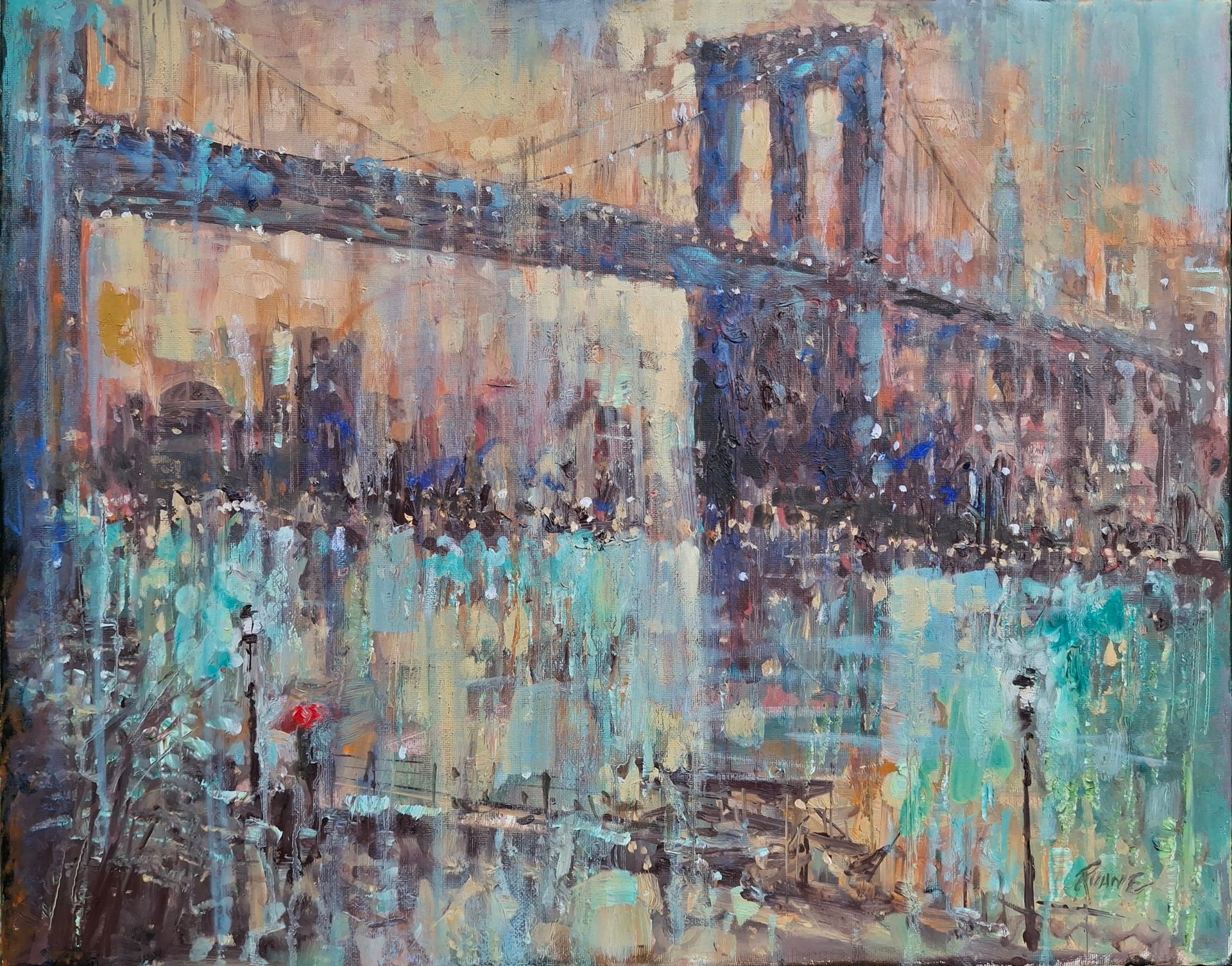 A painting of Brooklyn park with reflections in the water.