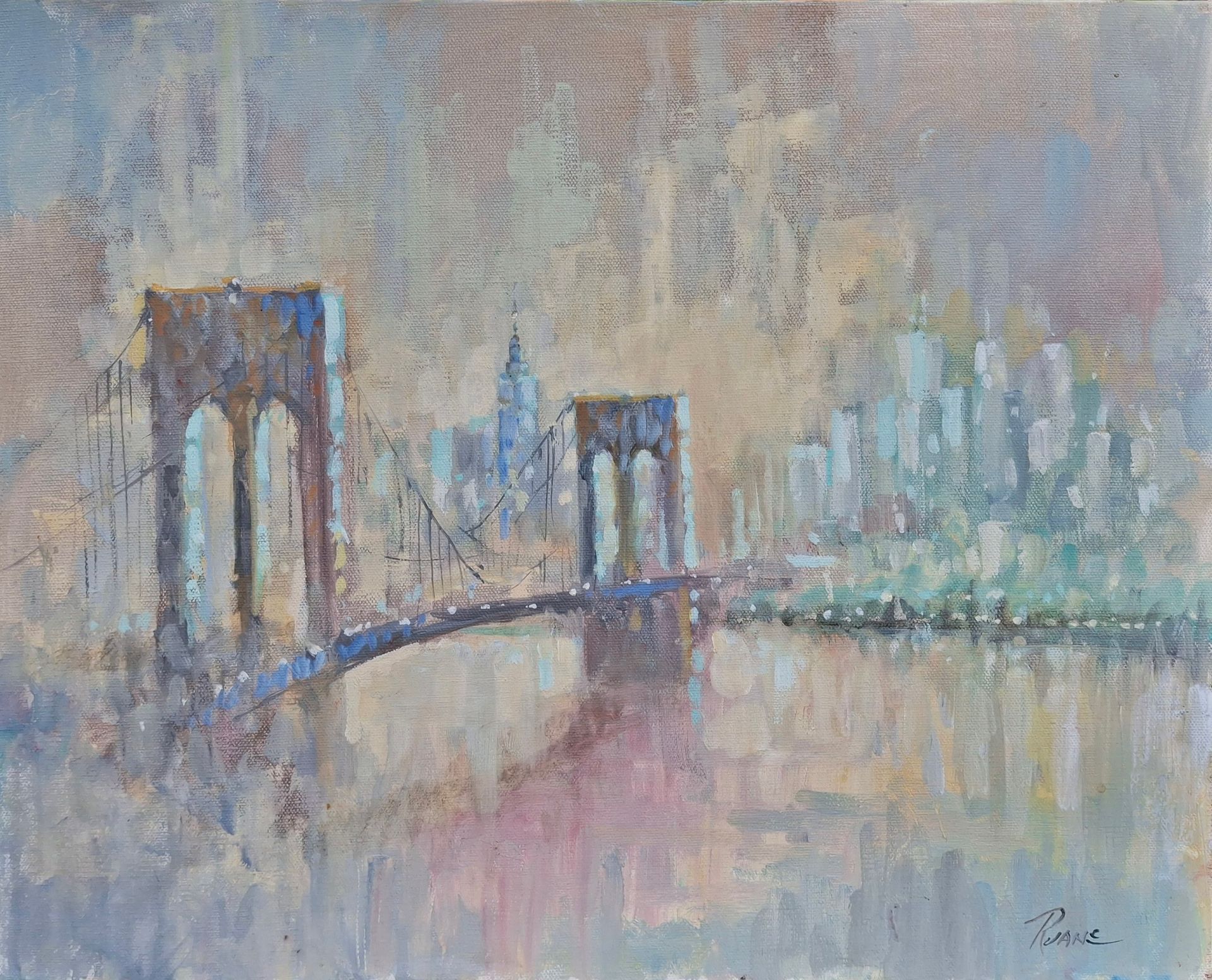 A painting of the New York Skyline along the water with the Brooklyn Bridge.