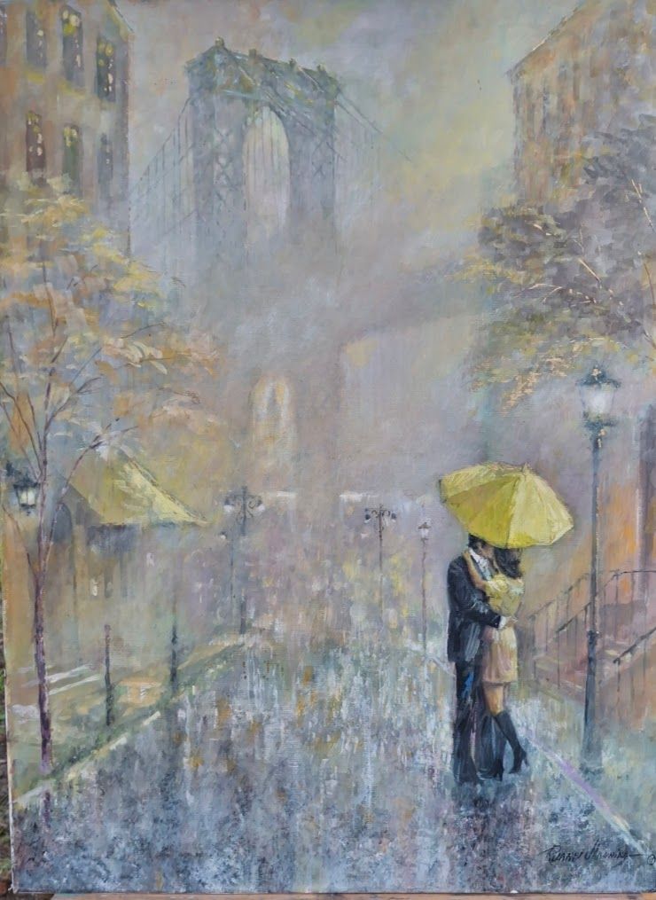 A painting of a romantic couple under a yellow umbrella with the Manhattan Bridge in the background.