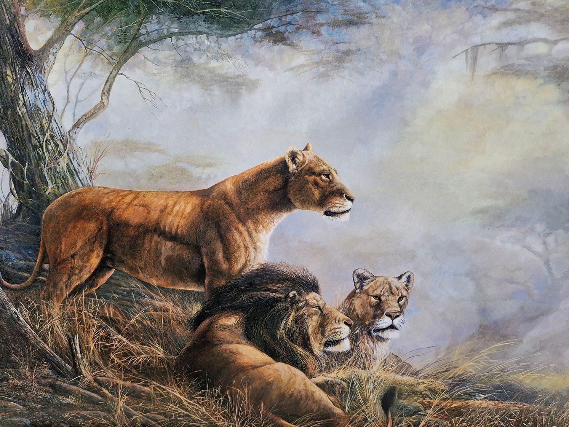A painting of 2 lioness and a lion