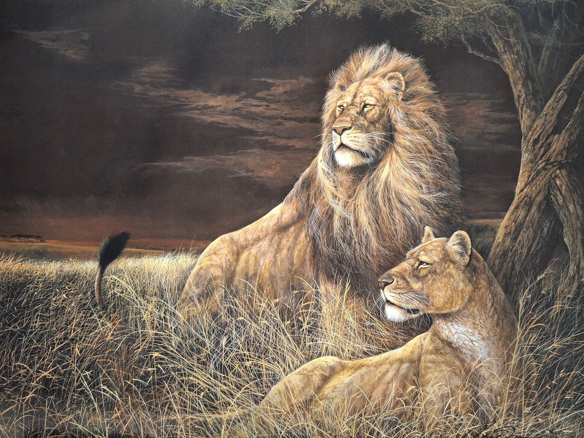 A painting of a pride of lions before a thunderstorm