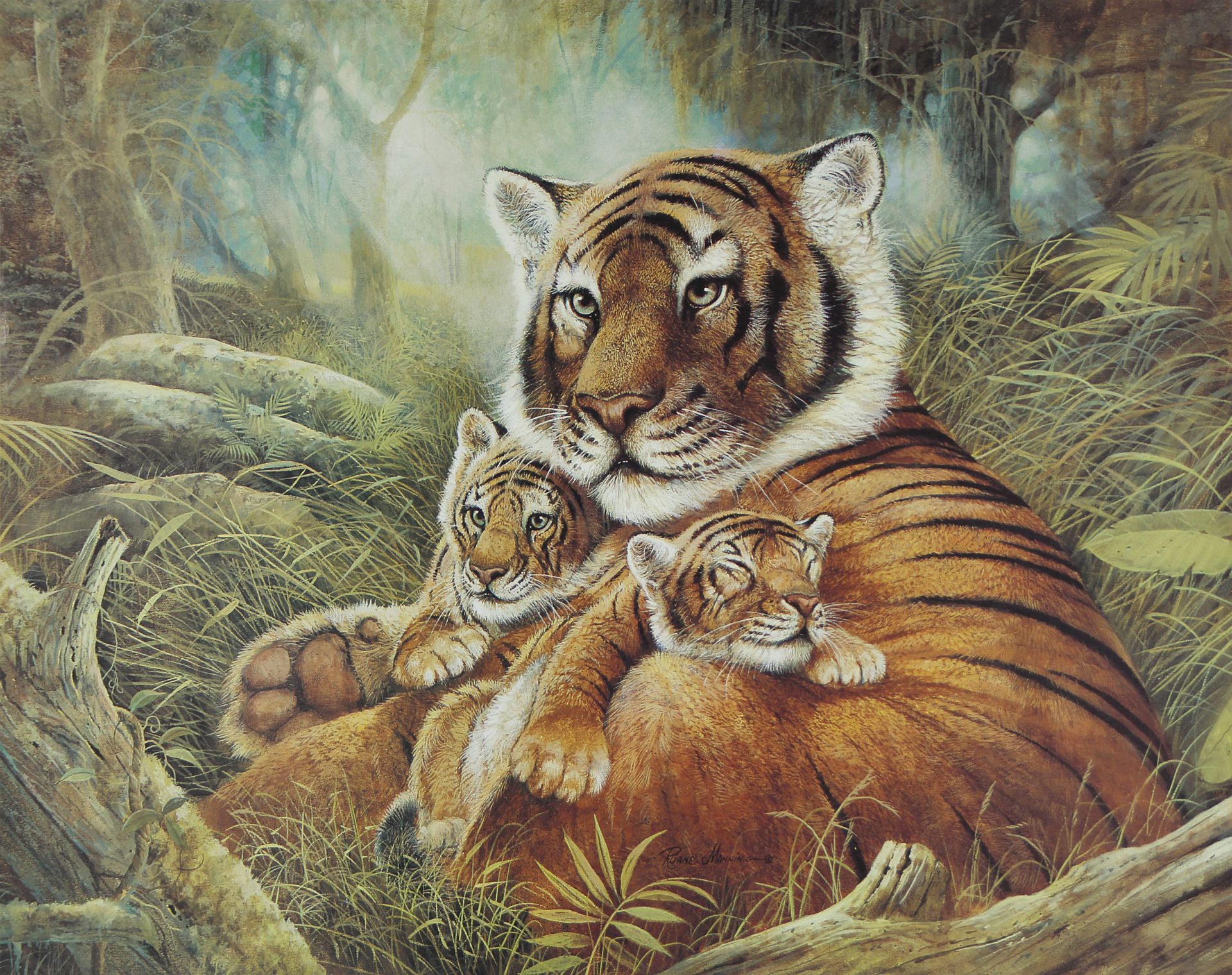 A painting of a Tiger and her cubs
