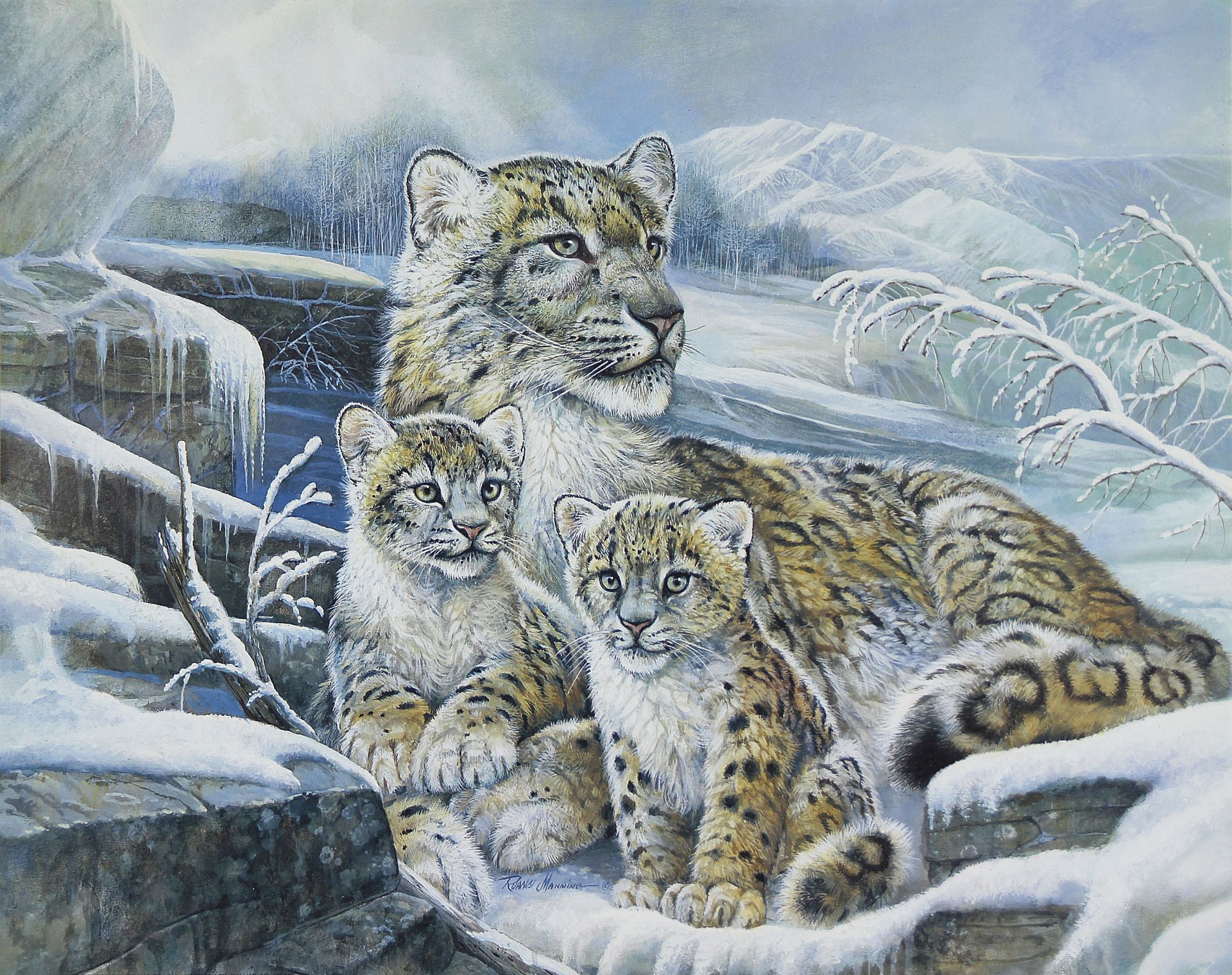 A painting of a Snow Leopard and her cubs