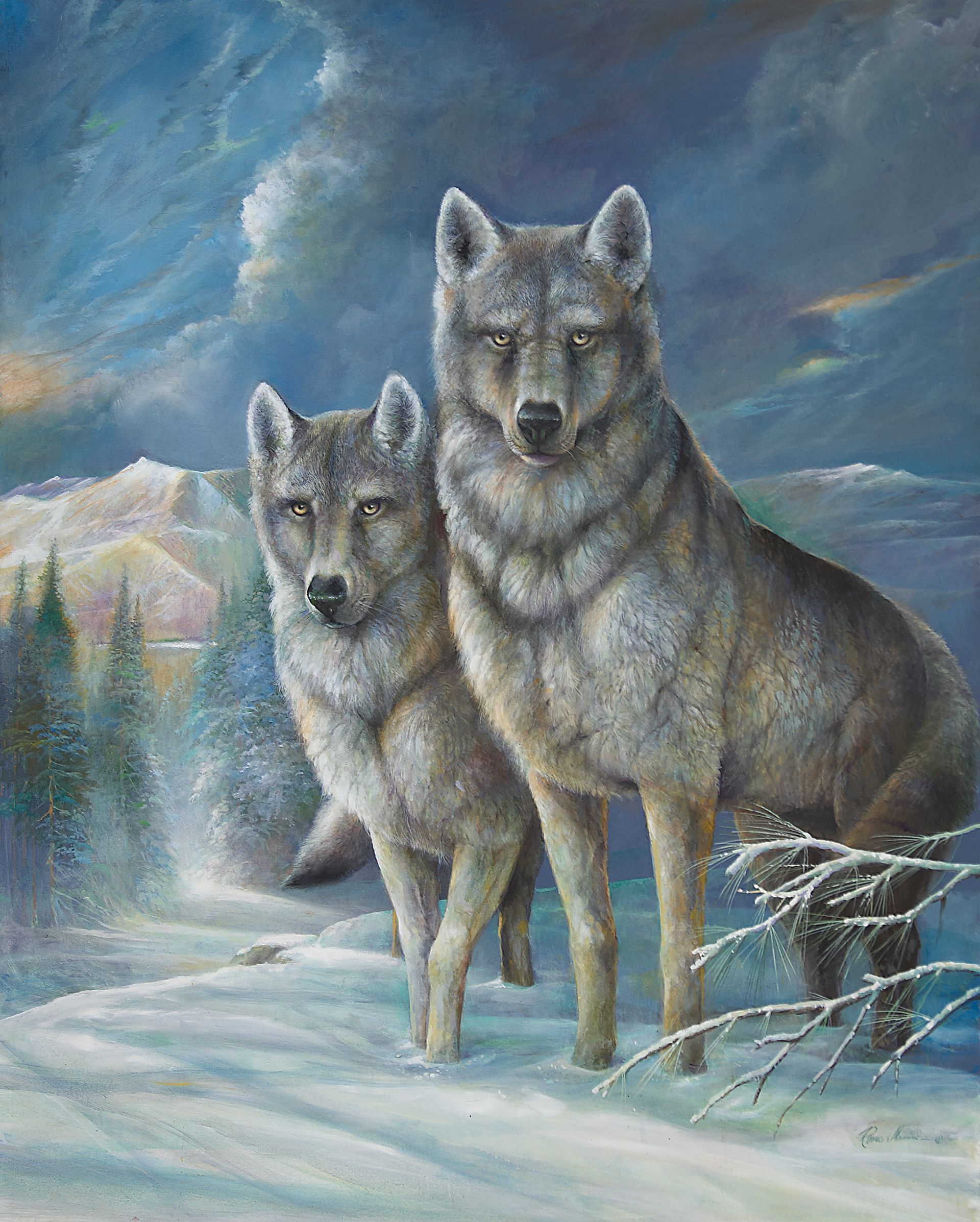 A painting of two wolves on a snowy mountain