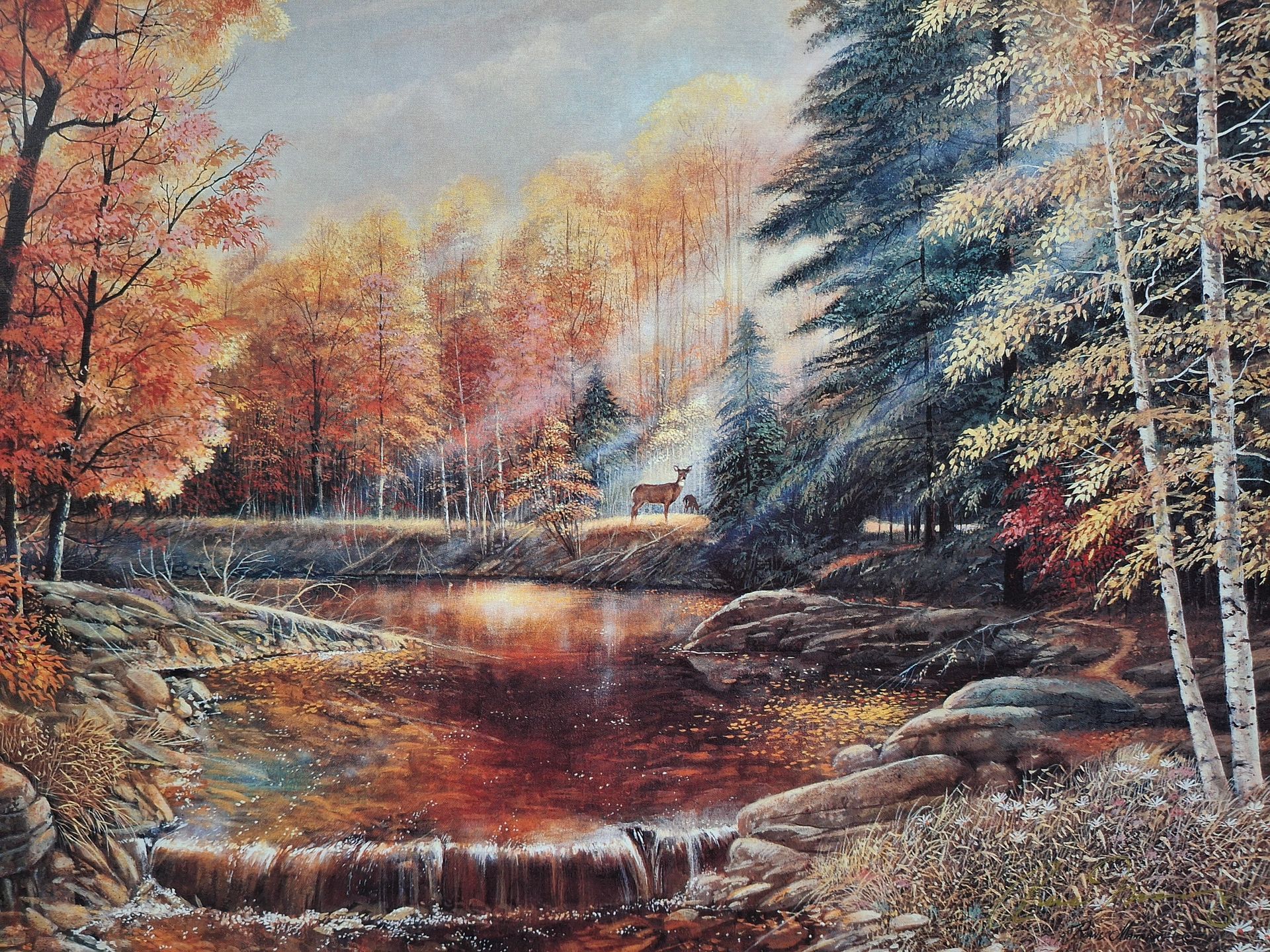 A painting of a deer by a stream in the fall