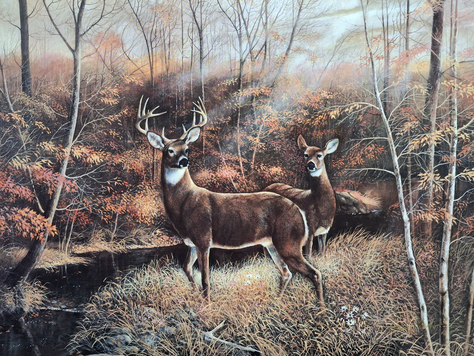 A painting of a twelve point buck