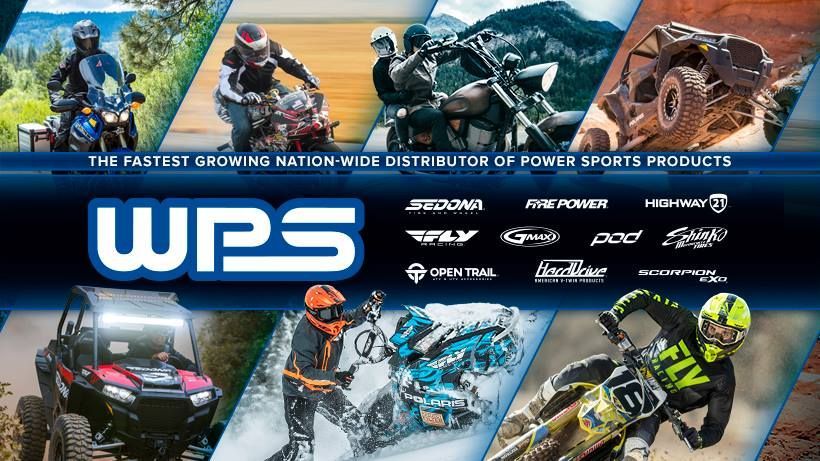 WPS logo collage featuring powersports vehicles like motorcycles, ATVs, and snowmobiles across various landscapes.