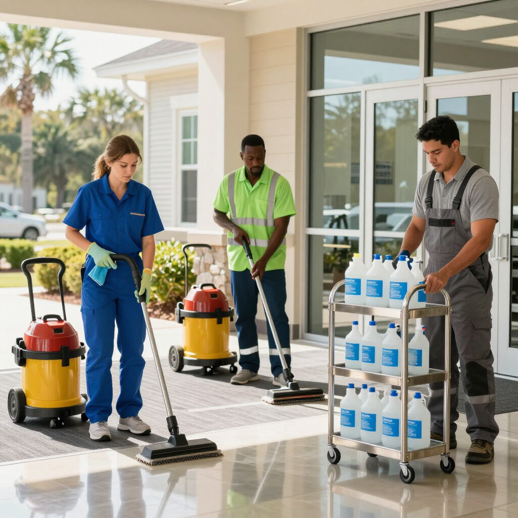 Cleaning crew mopping and vacuuming outside a building, with a supply cart of cleaning products nearby