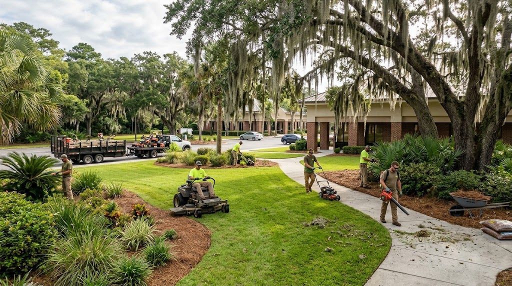 Courtyard garden with palm trees, green lawn, and a child walking on a curving path near buildings