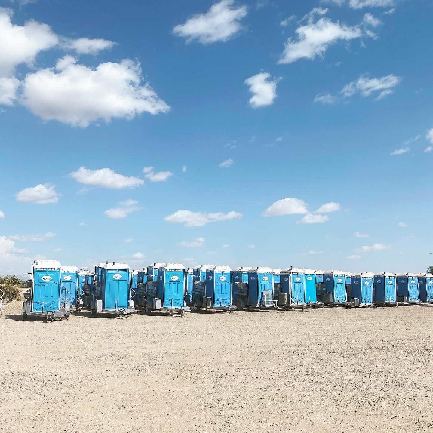 A row of blue portable toilets are parked in a dirt field.