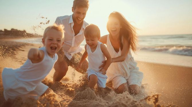 Family running and laughing on a sunny beach at the shoreline